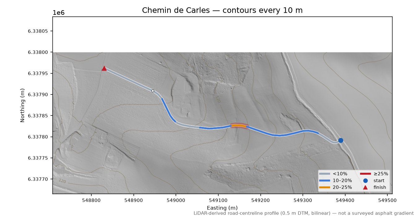 Chemin de Carles LiDAR hillshade map with contours