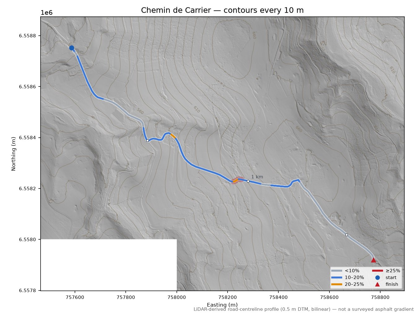 Chemin de Carrier LiDAR hillshade map with contours