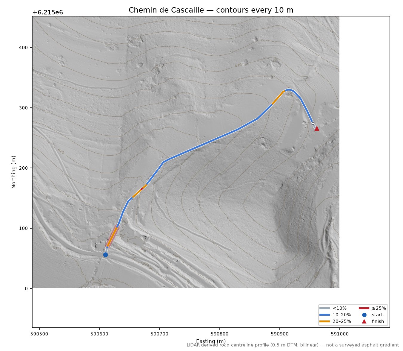 Chemin de Cascaille LiDAR hillshade map with contours