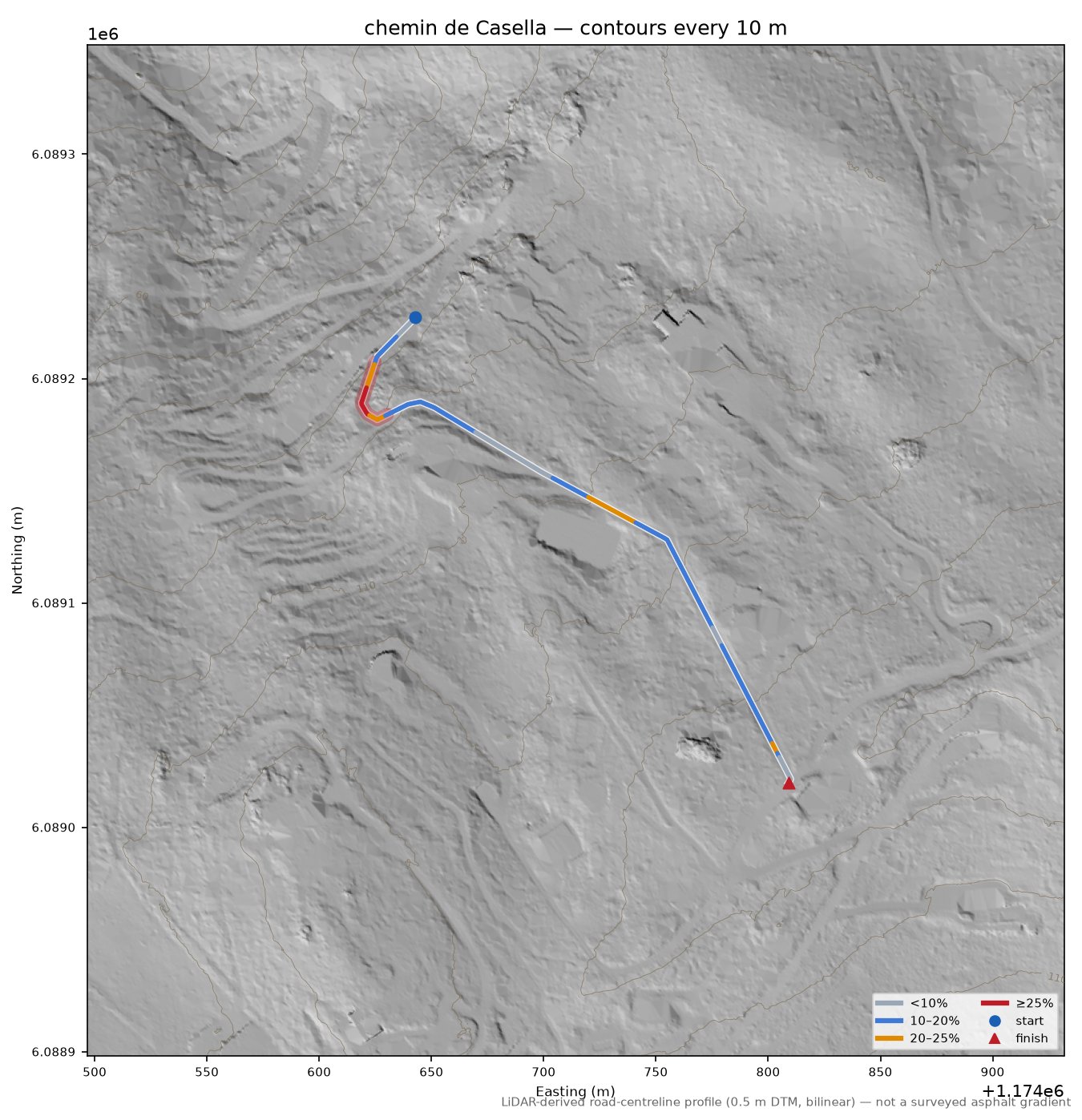 chemin de Casella LiDAR hillshade map with contours
