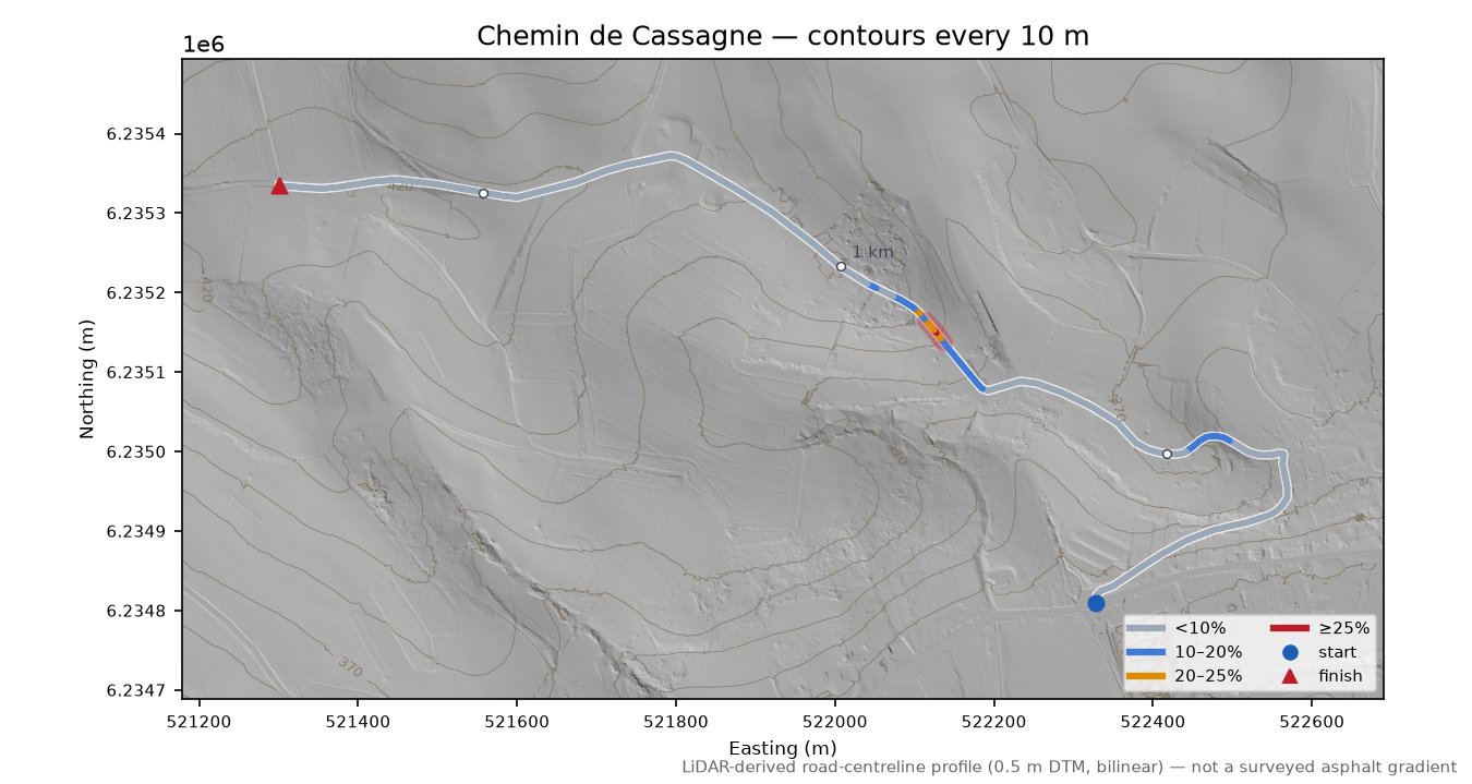 Chemin de Cassagne LiDAR hillshade map with contours
