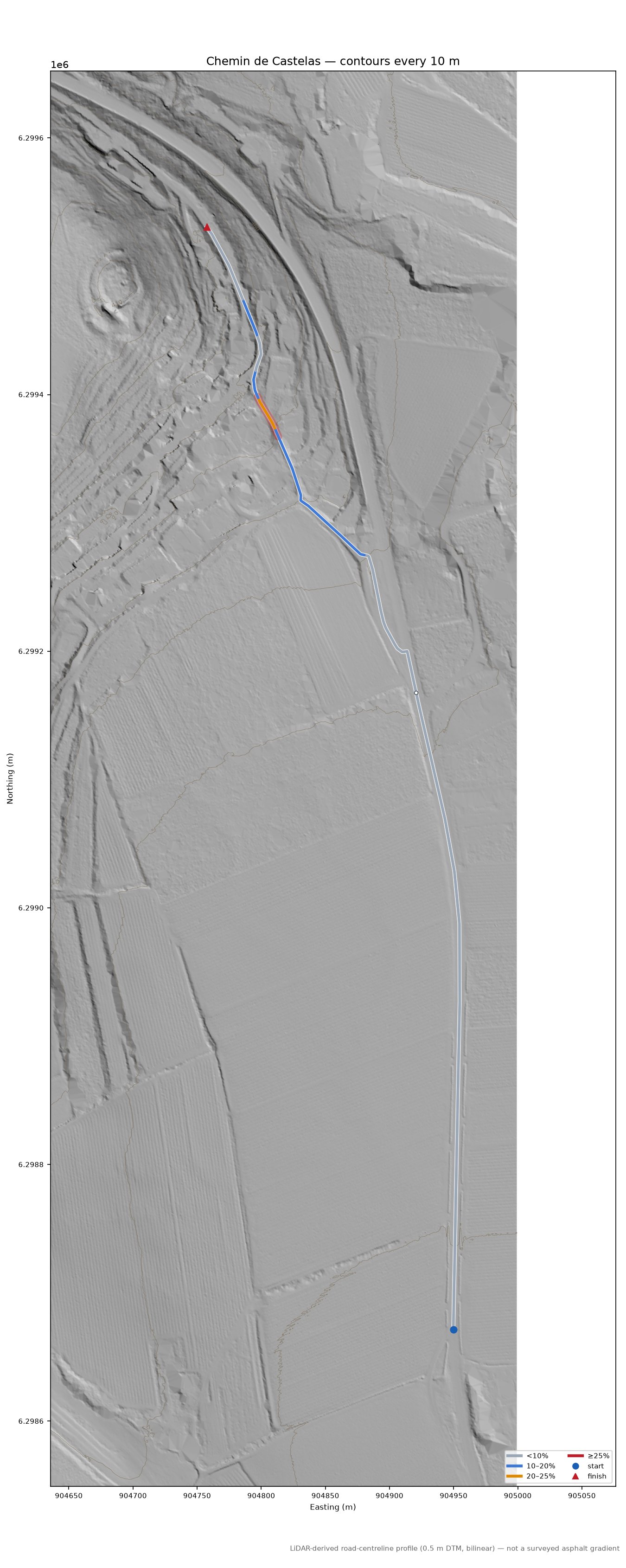 Chemin de Castelas LiDAR hillshade map with contours