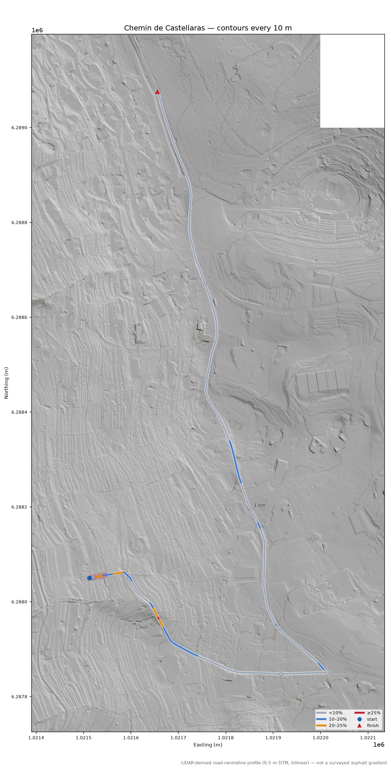 Chemin de Castellaras LiDAR hillshade map with contours