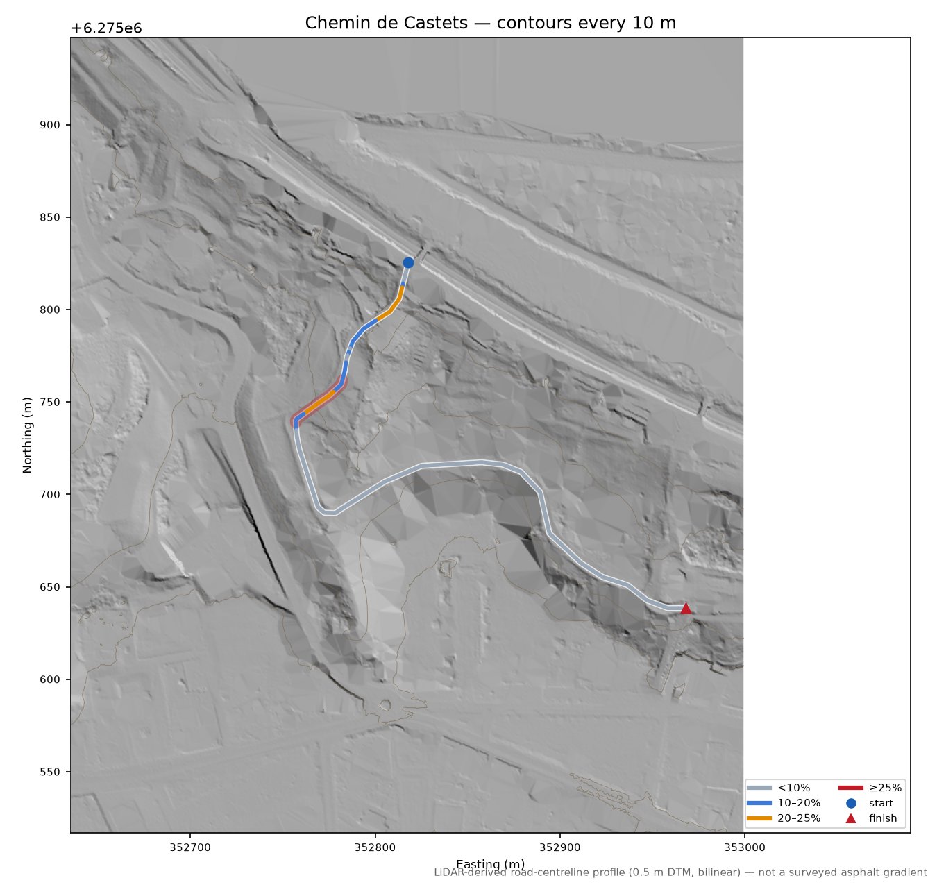 Chemin de Castets LiDAR hillshade map with contours