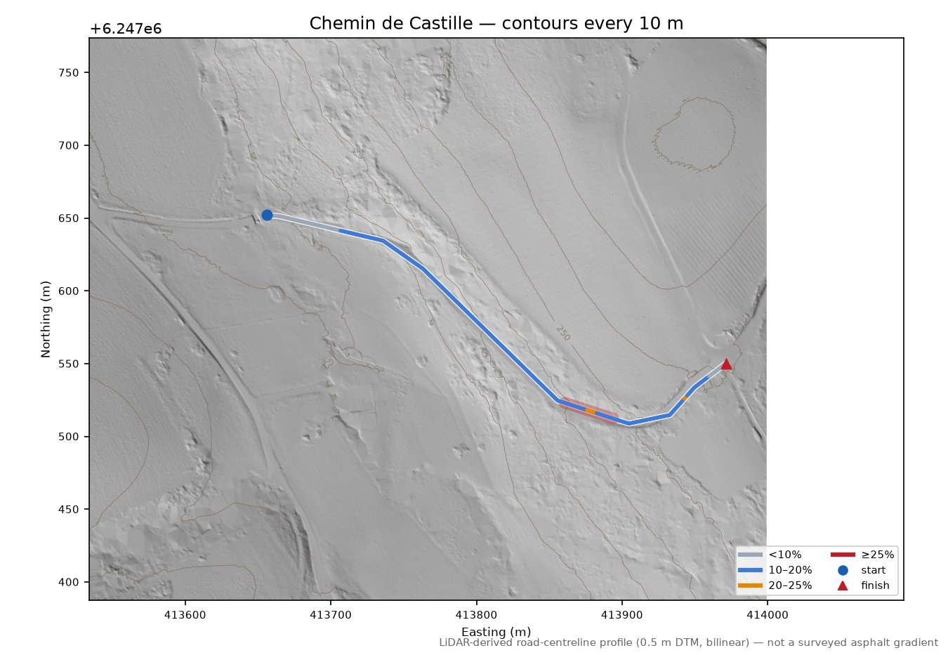 Chemin de Castille LiDAR hillshade map with contours
