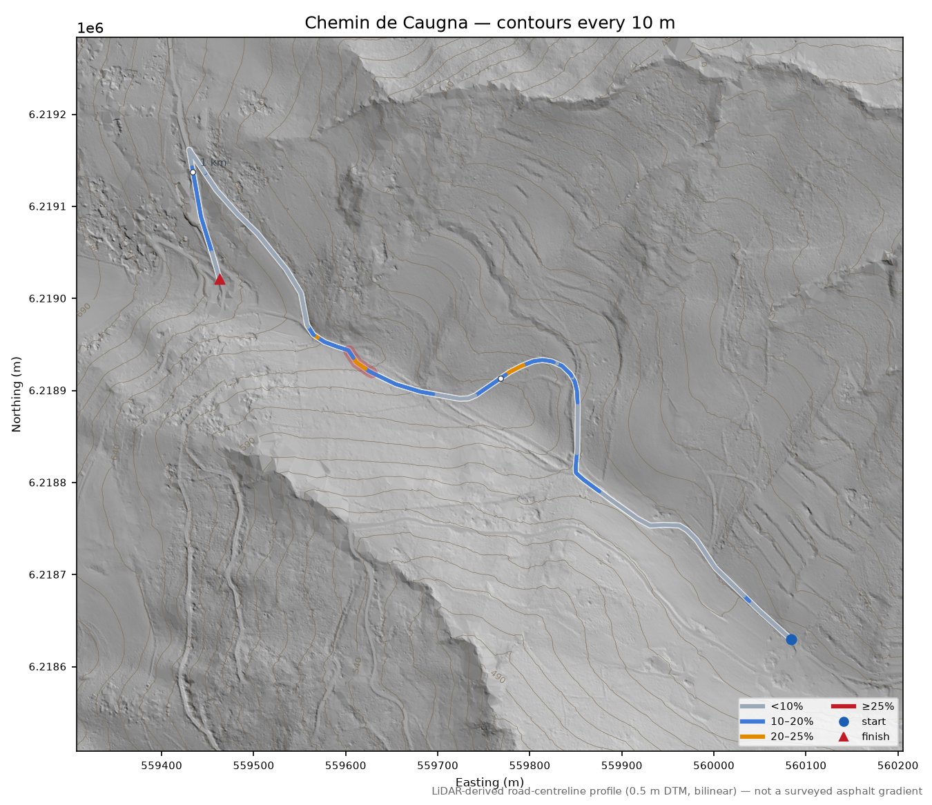 Chemin de Caugna LiDAR hillshade map with contours