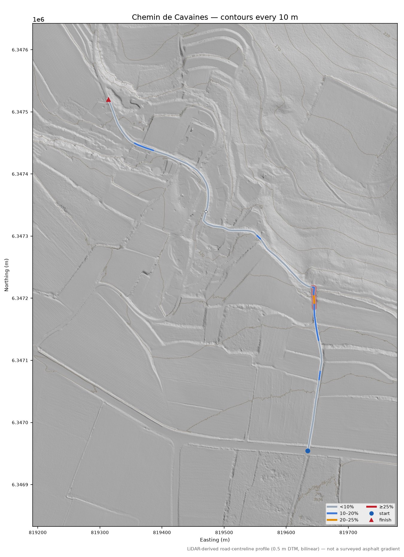 Chemin de Cavaines LiDAR hillshade map with contours