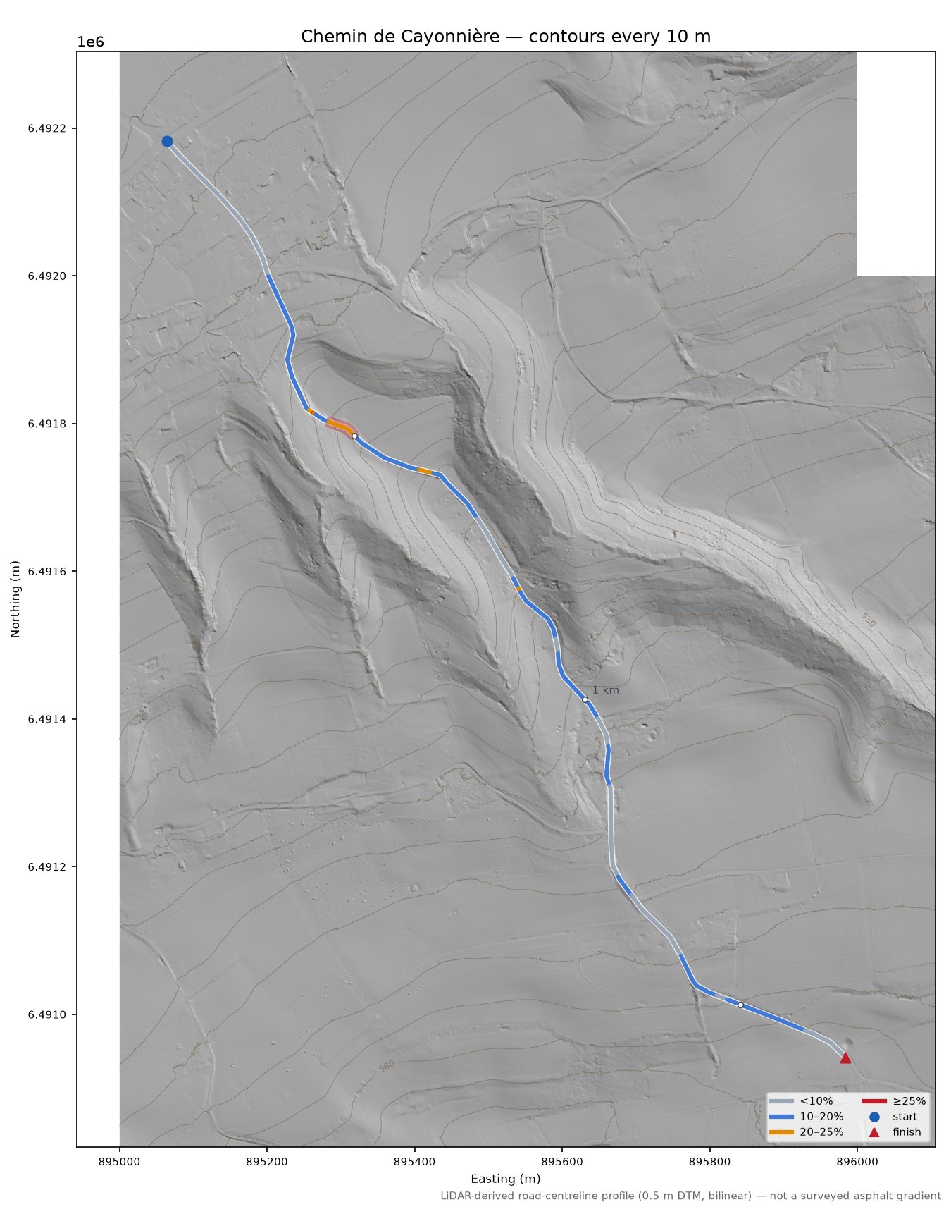 Chemin de Cayonnière LiDAR hillshade map with contours