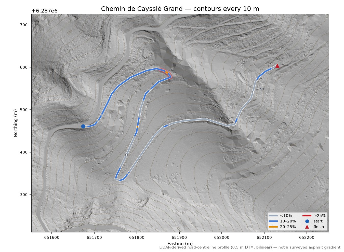 Chemin de Cayssié Grand LiDAR hillshade map with contours
