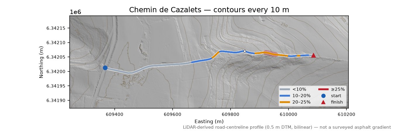 Chemin de Cazalets LiDAR hillshade map with contours