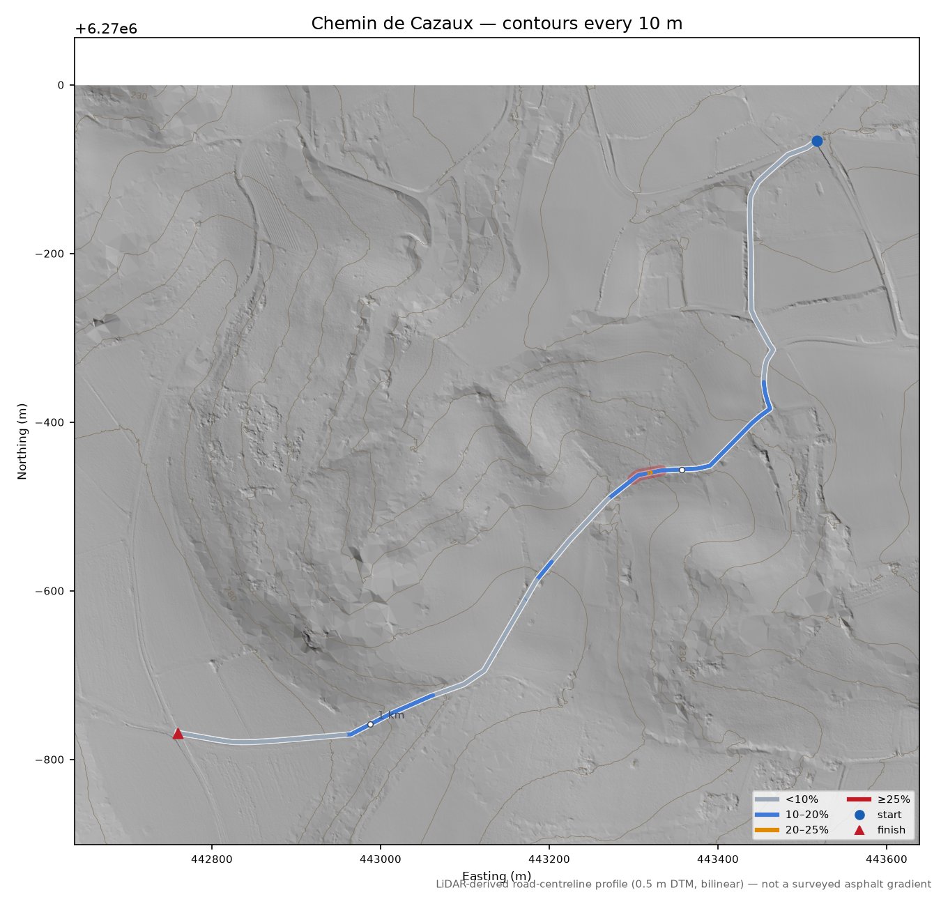 Chemin de Cazaux LiDAR hillshade map with contours