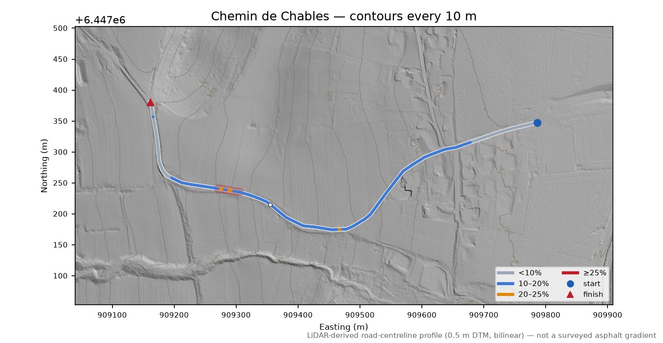 Chemin de Chables LiDAR hillshade map with contours