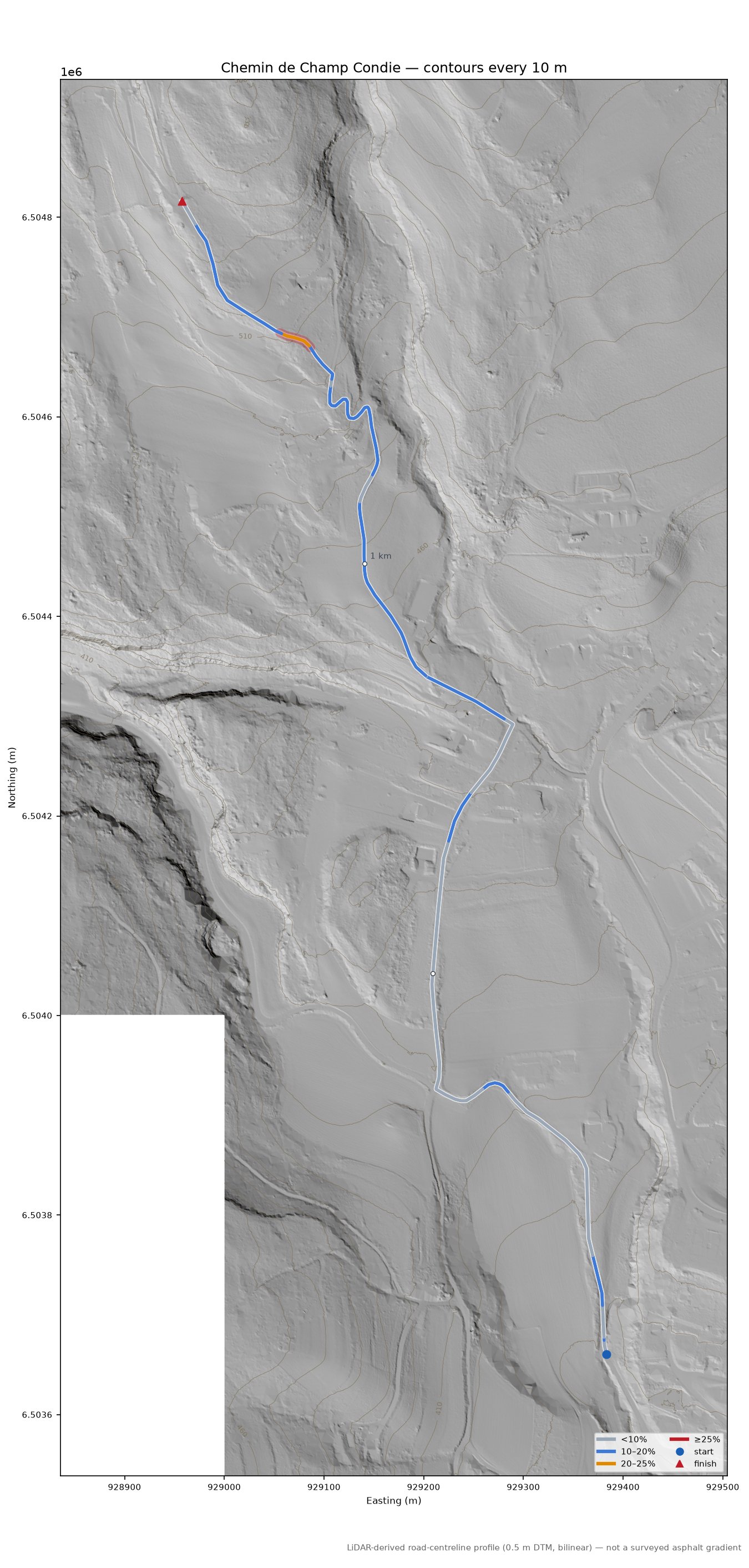 Chemin de Champ Condie LiDAR hillshade map with contours