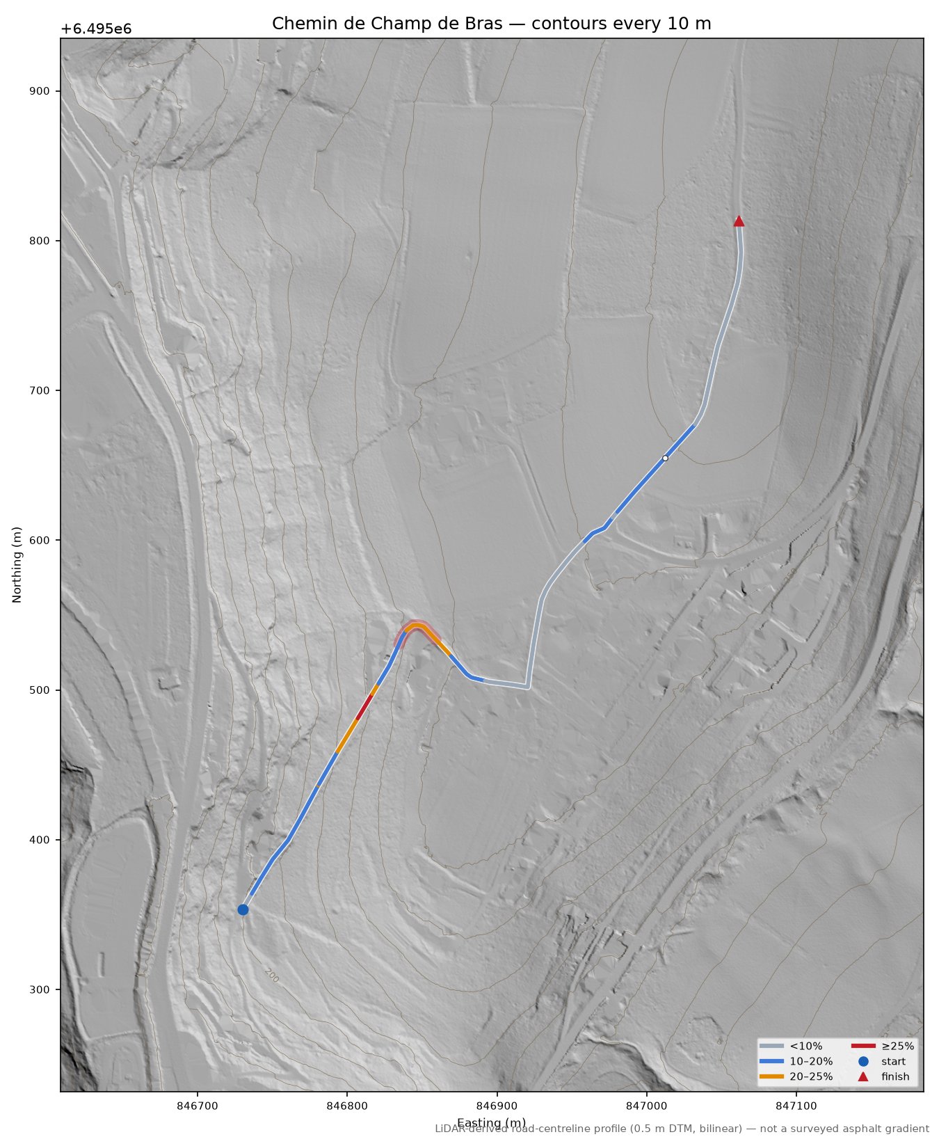 Chemin de Champ de Bras LiDAR hillshade map with contours