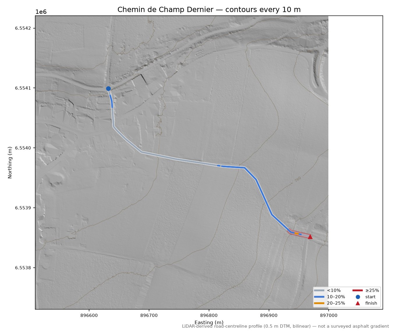 Chemin de Champ Dernier LiDAR hillshade map with contours