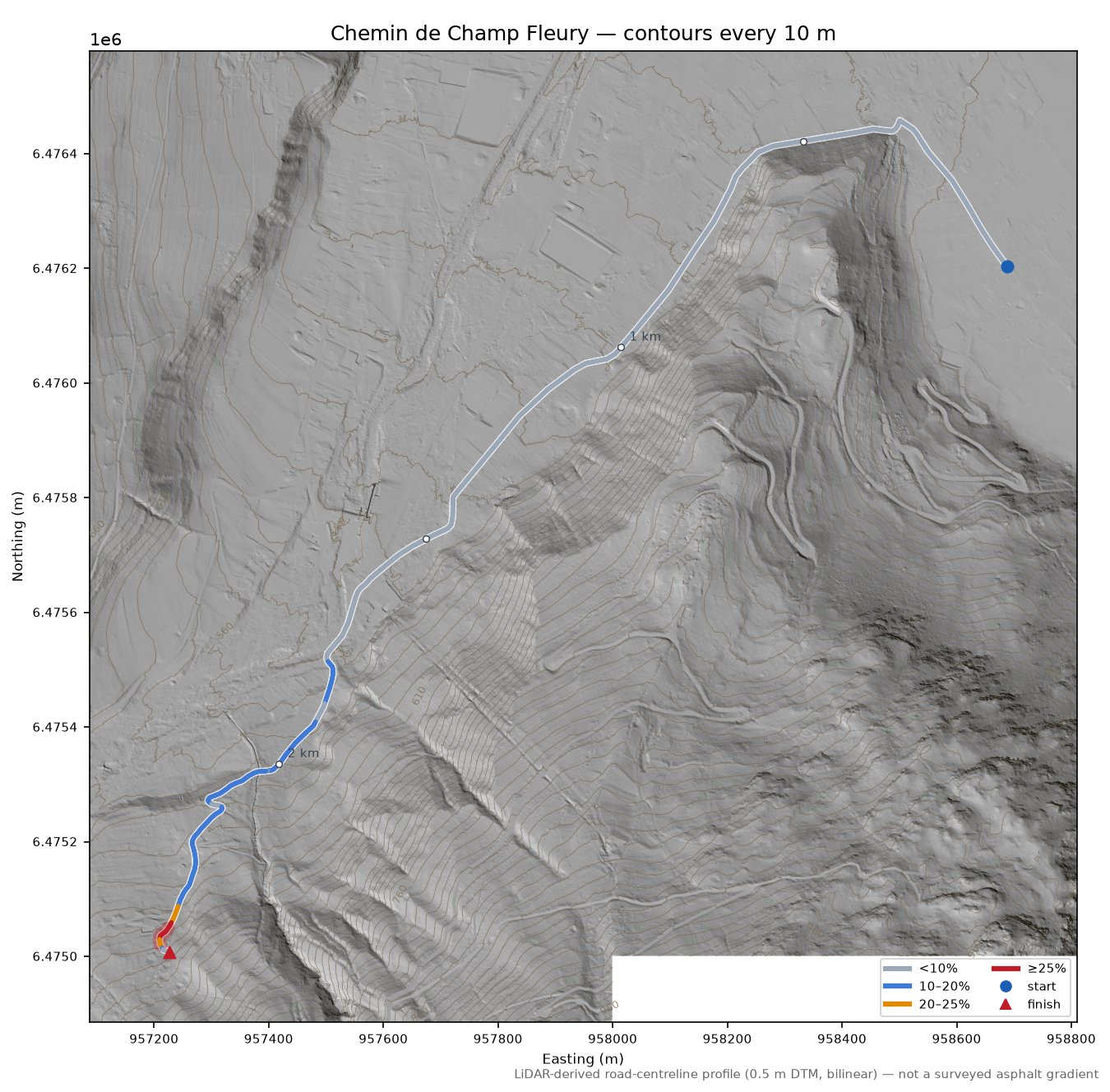 Chemin de Champ Fleury LiDAR hillshade map with contours