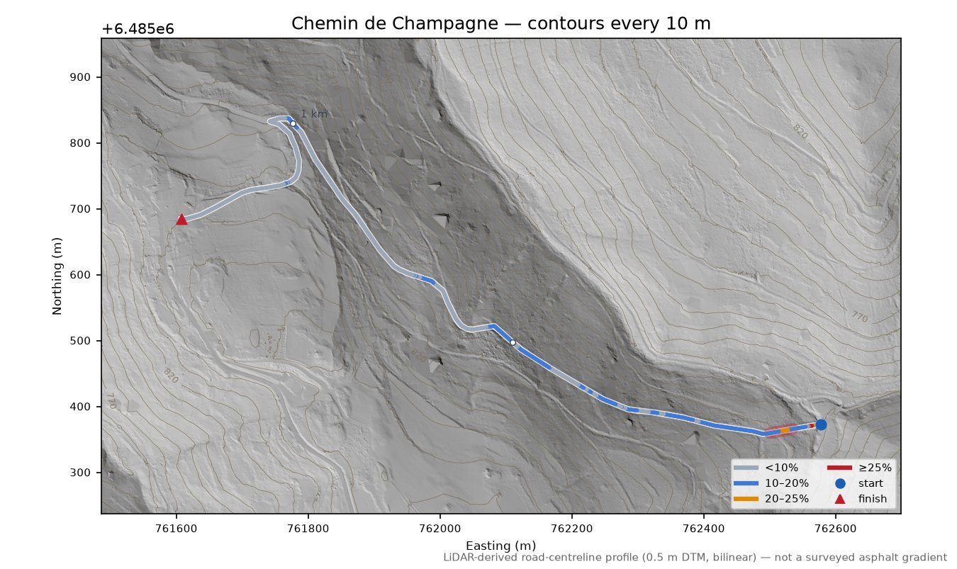 Chemin de Champagne LiDAR hillshade map with contours
