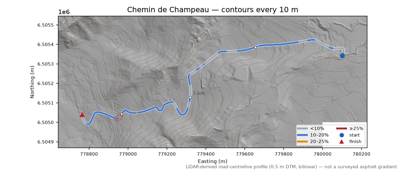 Chemin de Champeau LiDAR hillshade map with contours