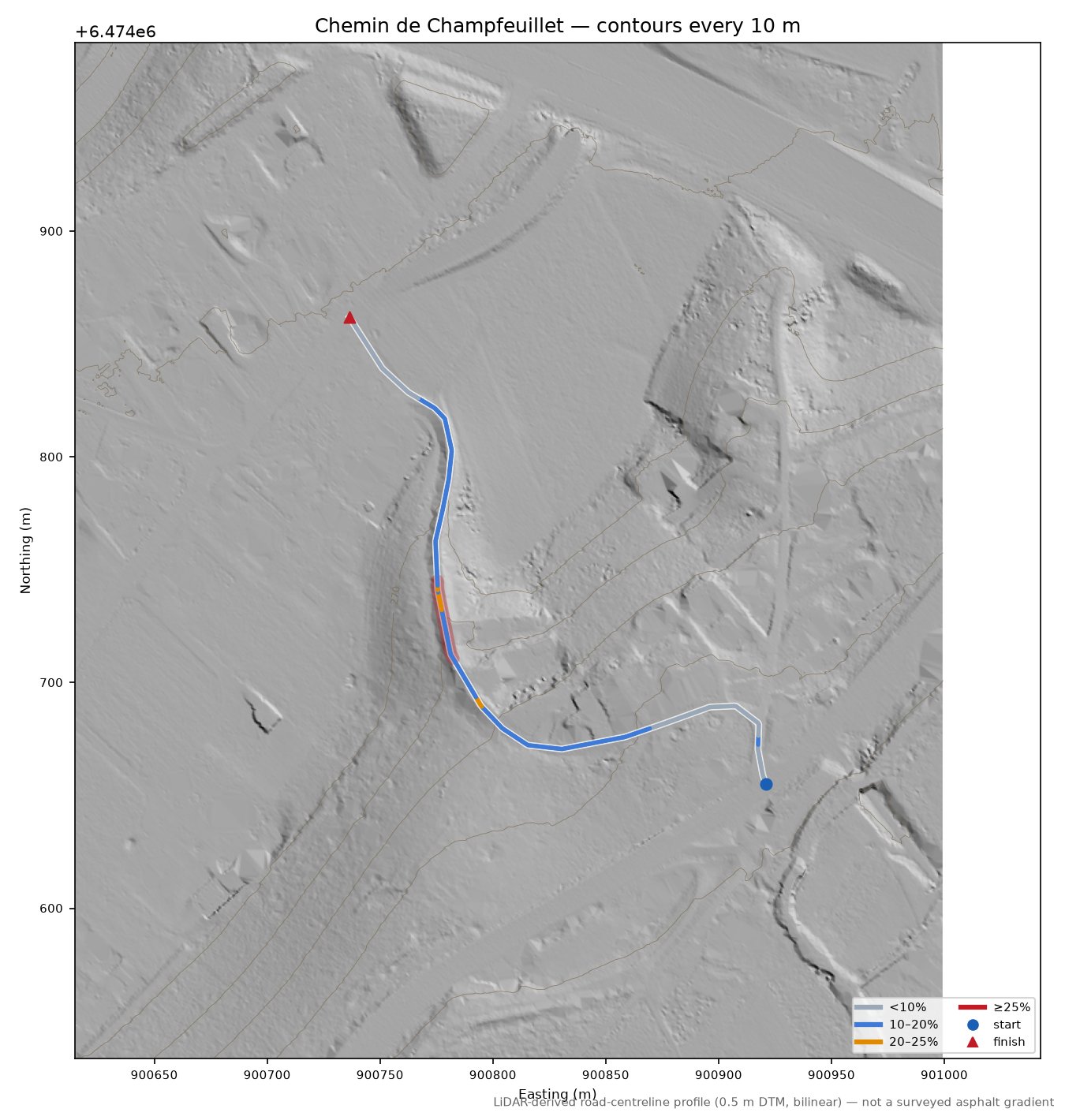 Chemin de Champfeuillet LiDAR hillshade map with contours