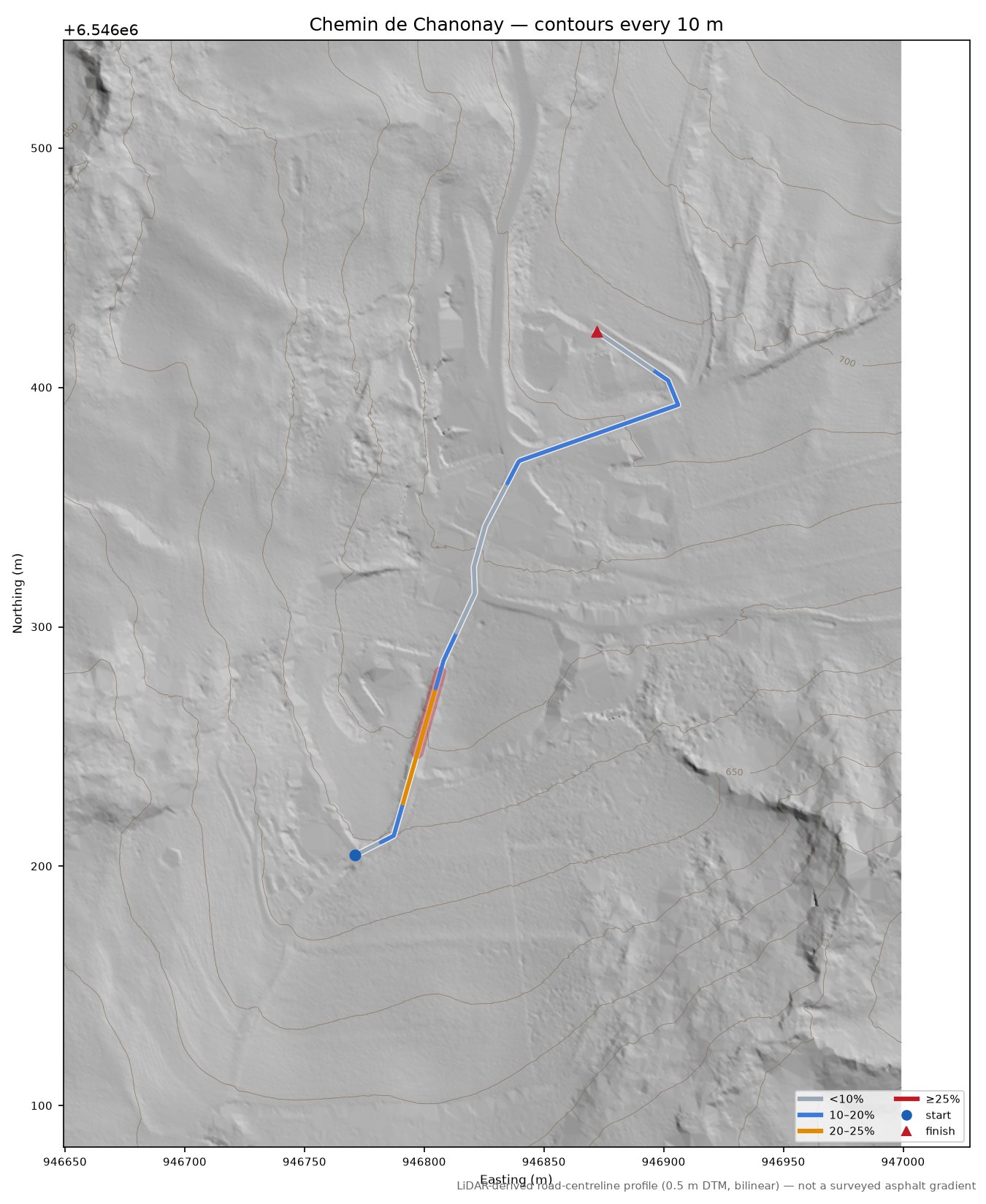 Chemin de Chanonay LiDAR hillshade map with contours