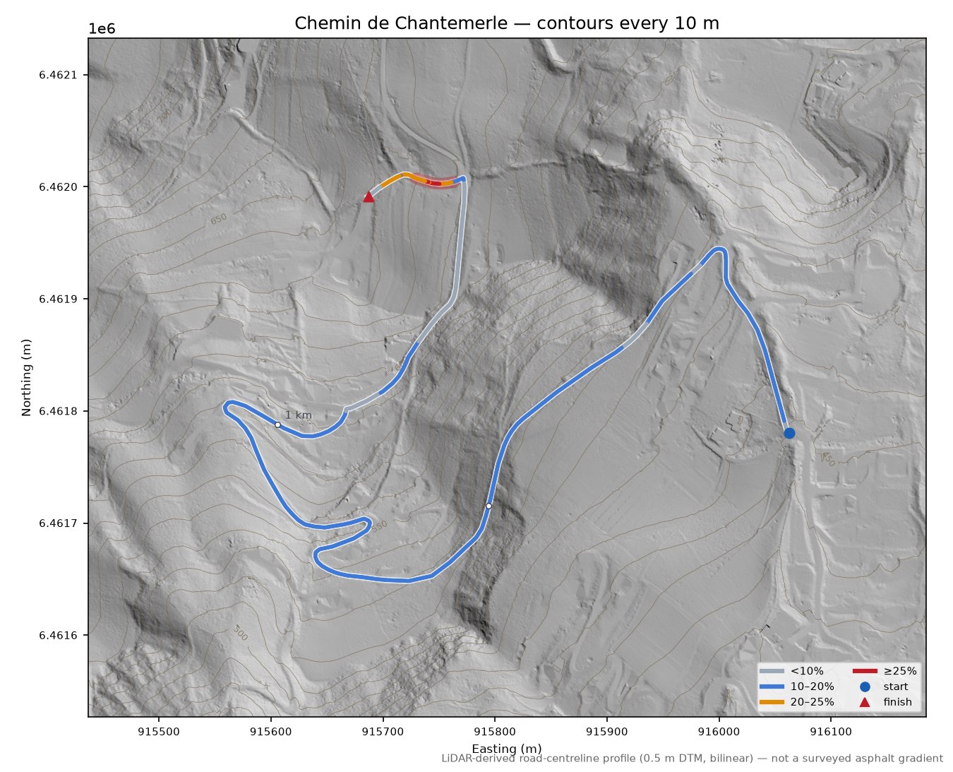 Chemin de Chantemerle LiDAR hillshade map with contours