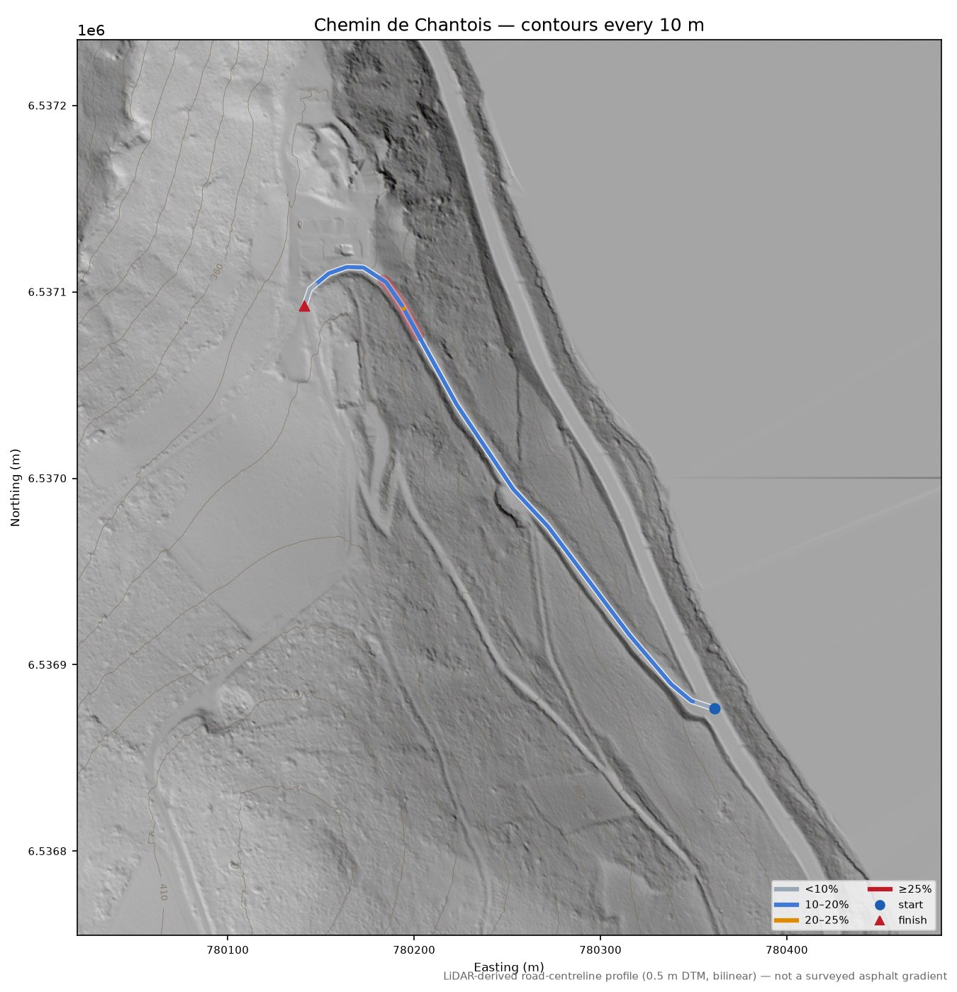 Chemin de Chantois LiDAR hillshade map with contours