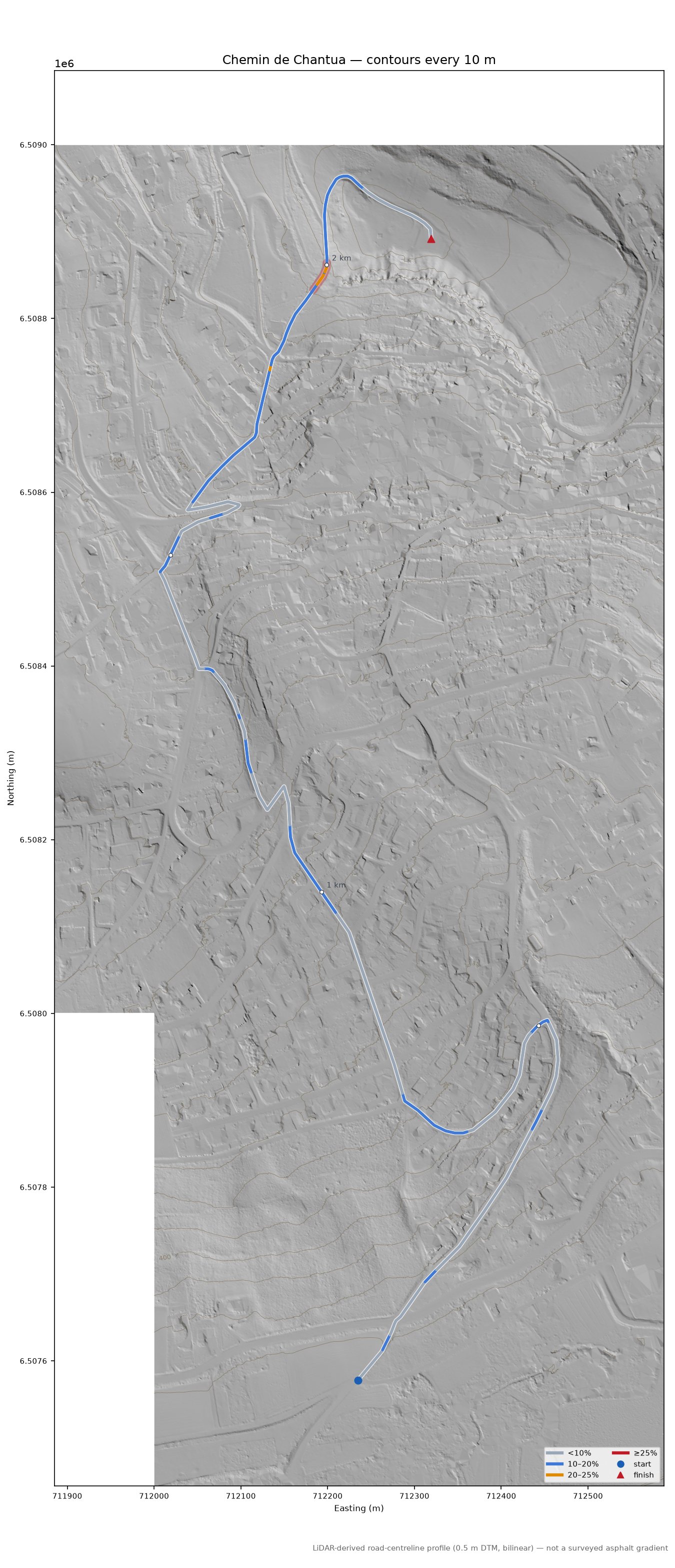 Chemin de Chantua LiDAR hillshade map with contours