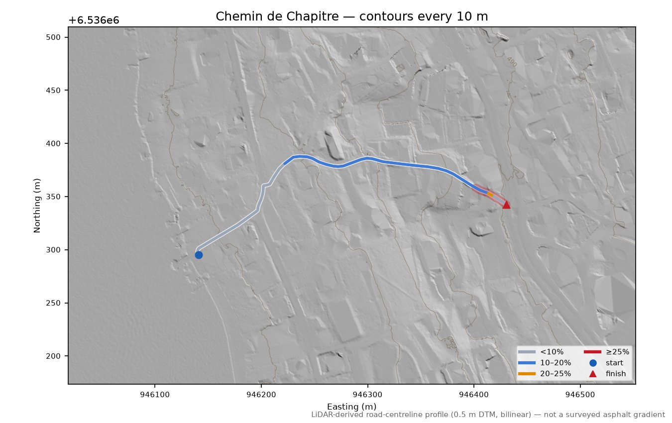 Chemin de Chapitre LiDAR hillshade map with contours