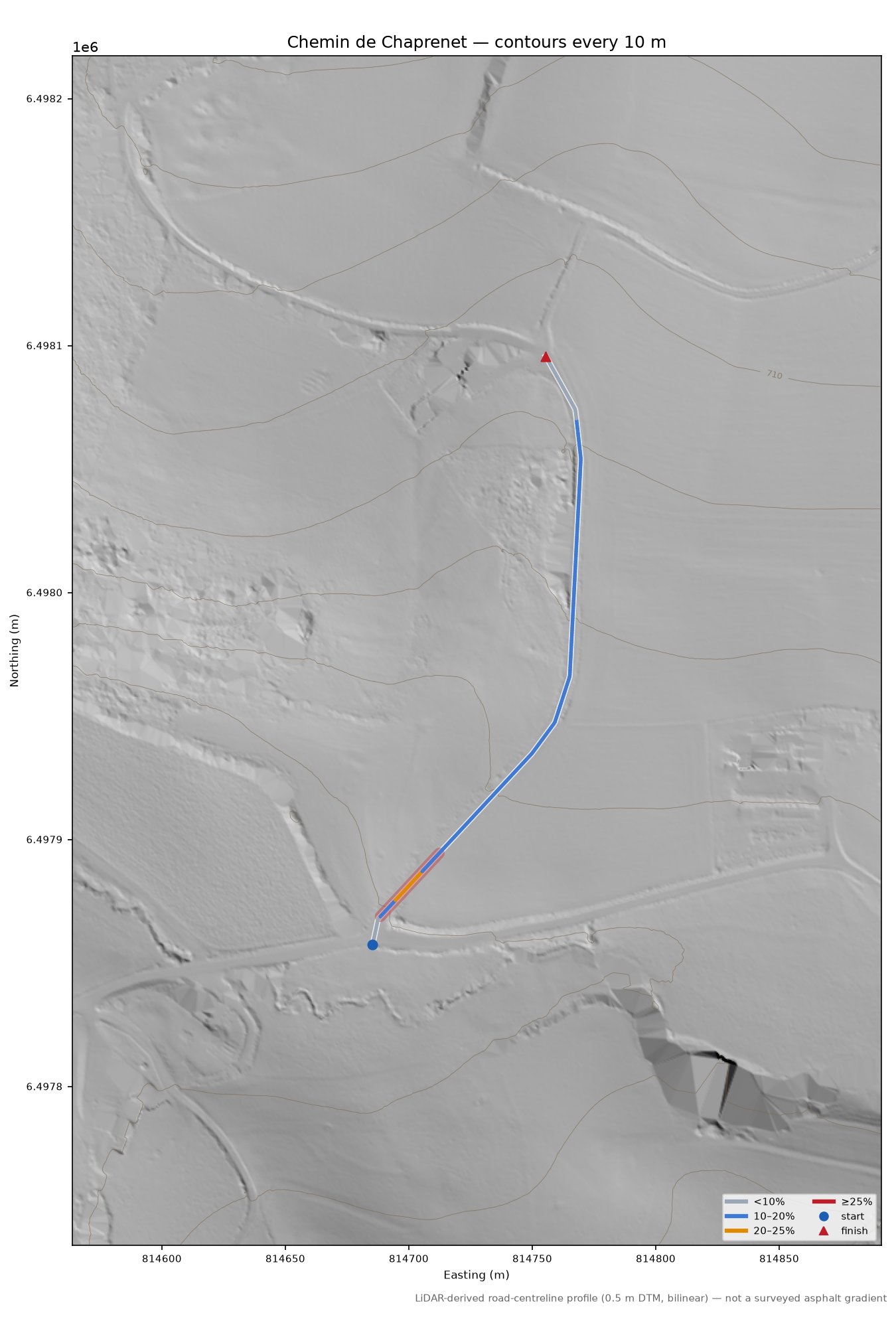 Chemin de Chaprenet LiDAR hillshade map with contours