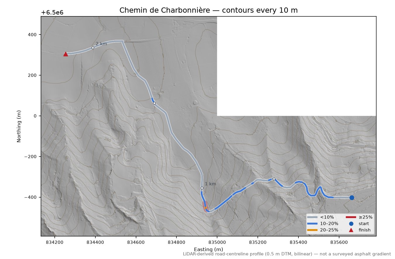 Chemin de Charbonnière LiDAR hillshade map with contours