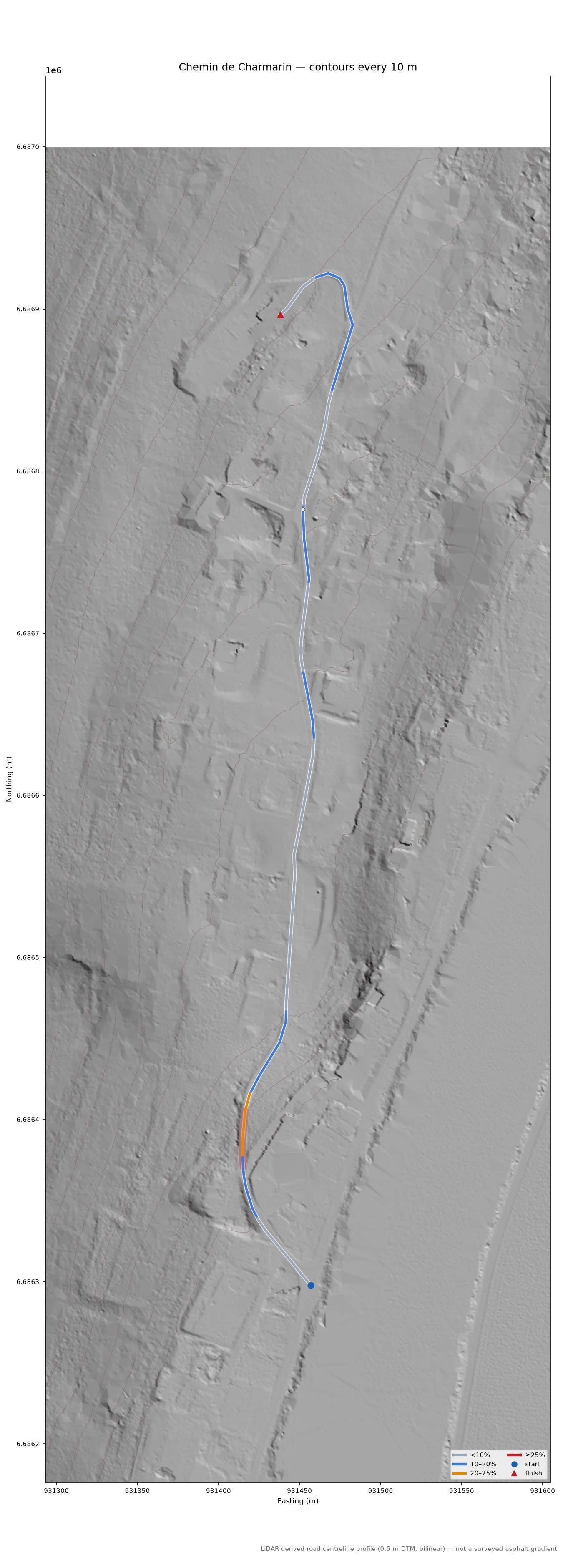 Chemin de Charmarin LiDAR hillshade map with contours