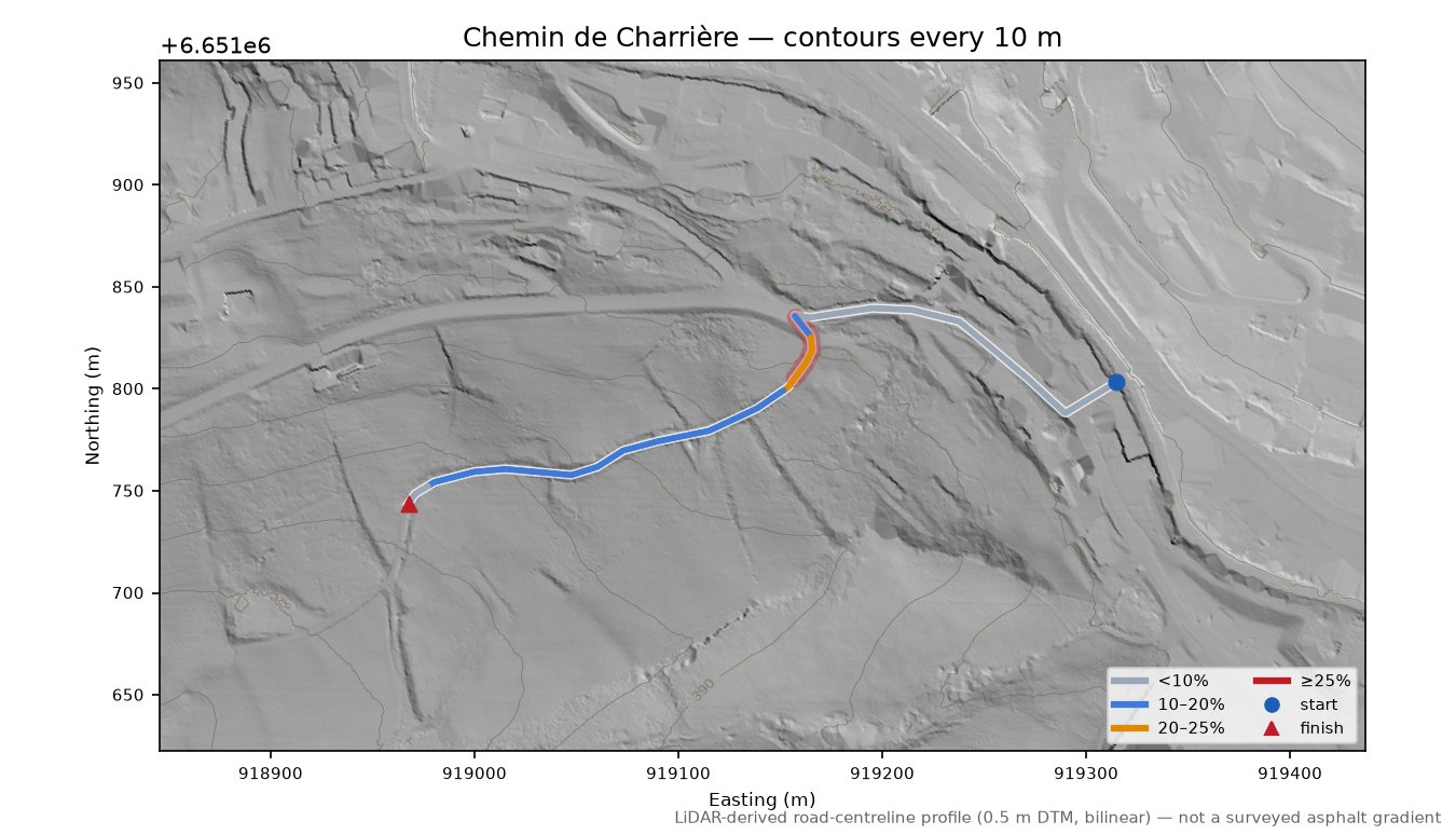 Chemin de Charrière LiDAR hillshade map with contours