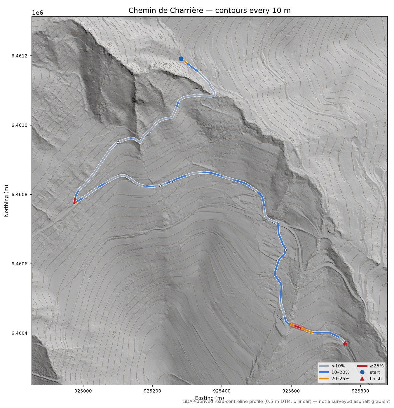 Chemin de Charrière LiDAR hillshade map with contours