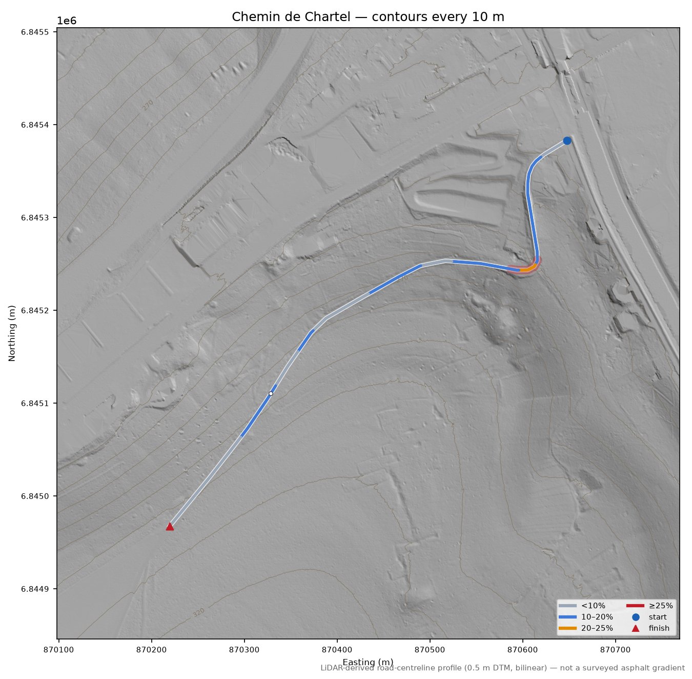 Chemin de Chartel LiDAR hillshade map with contours