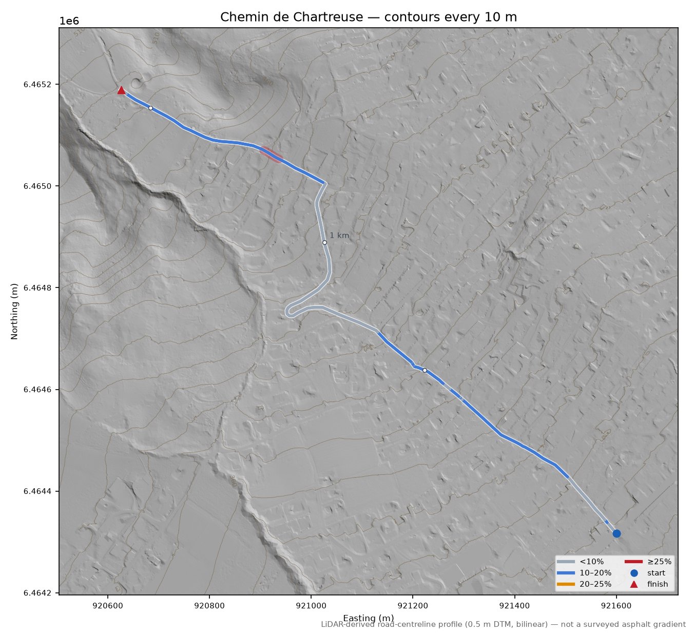 Chemin de Chartreuse LiDAR hillshade map with contours