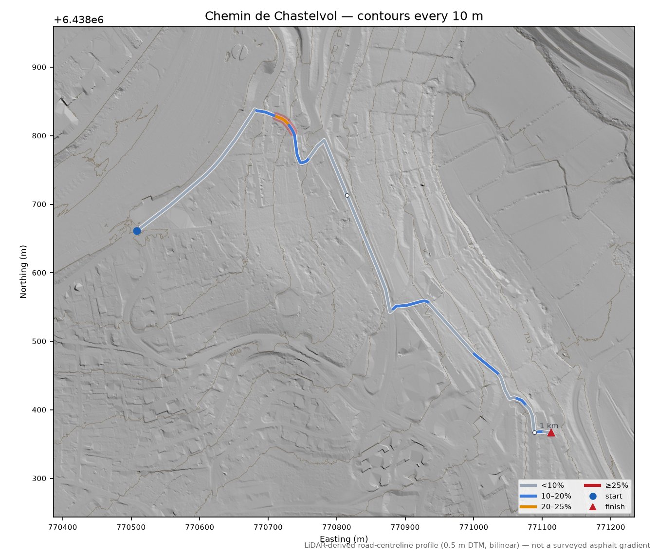 Chemin de Chastelvol LiDAR hillshade map with contours