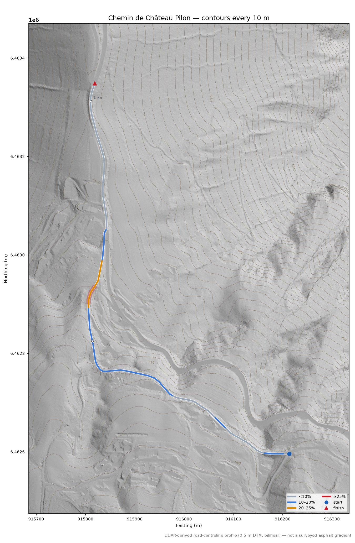 Chemin de Château Pilon LiDAR hillshade map with contours