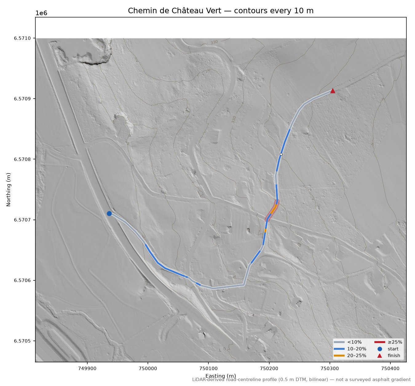 Chemin de Château Vert LiDAR hillshade map with contours