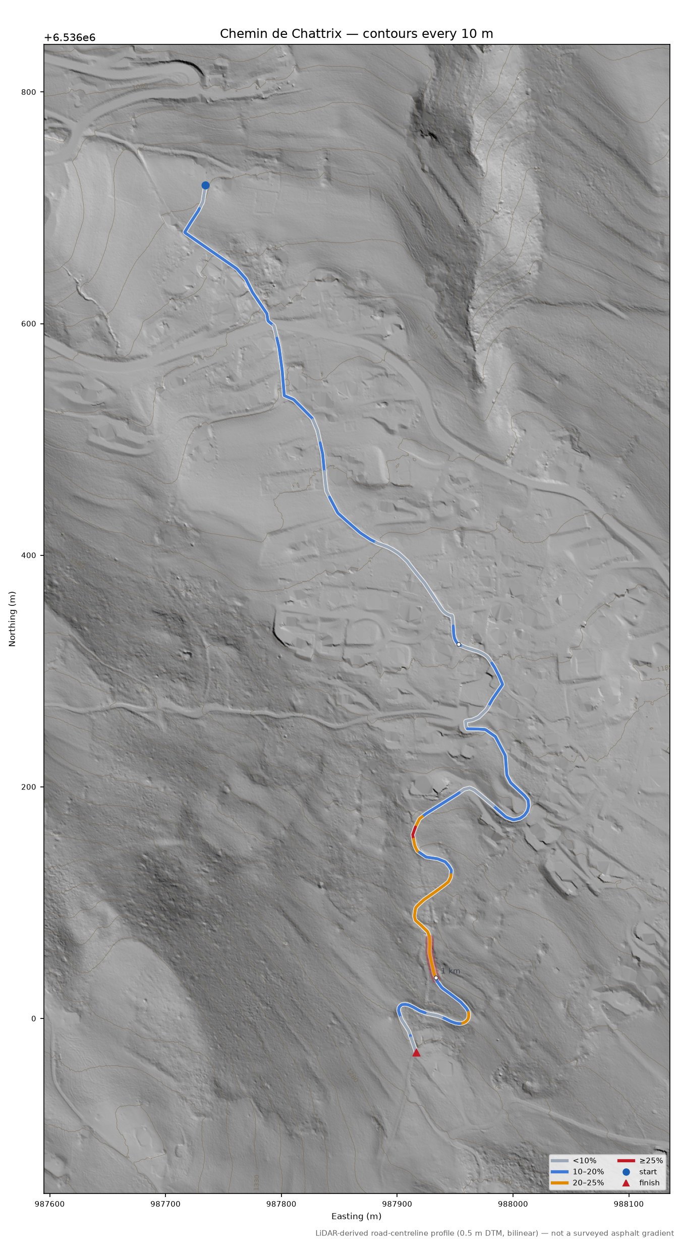Chemin de Chattrix LiDAR hillshade map with contours