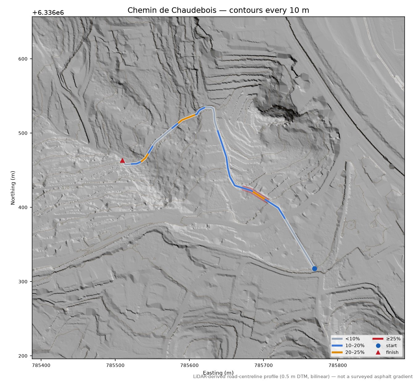 Chemin de Chaudebois LiDAR hillshade map with contours