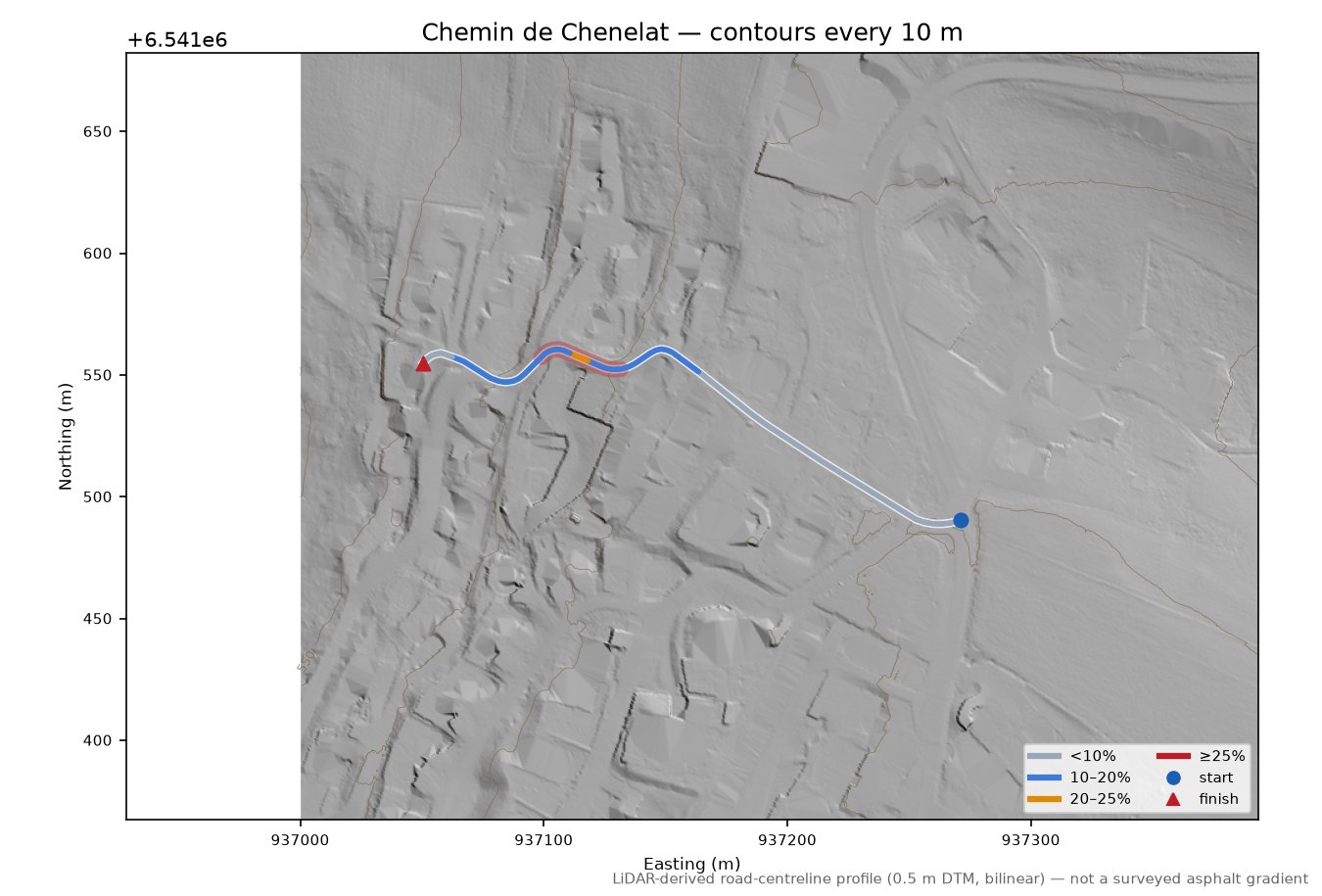 Chemin de Chenelat LiDAR hillshade map with contours