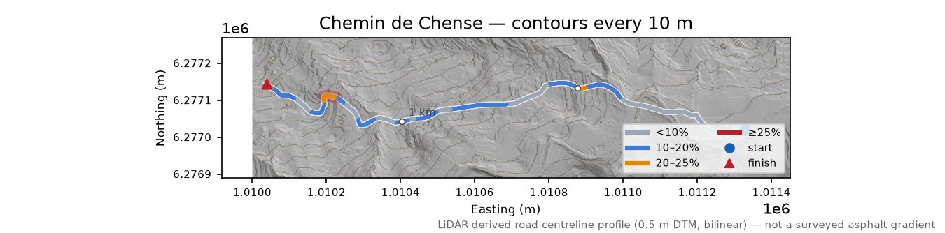 Chemin de Chense LiDAR hillshade map with contours