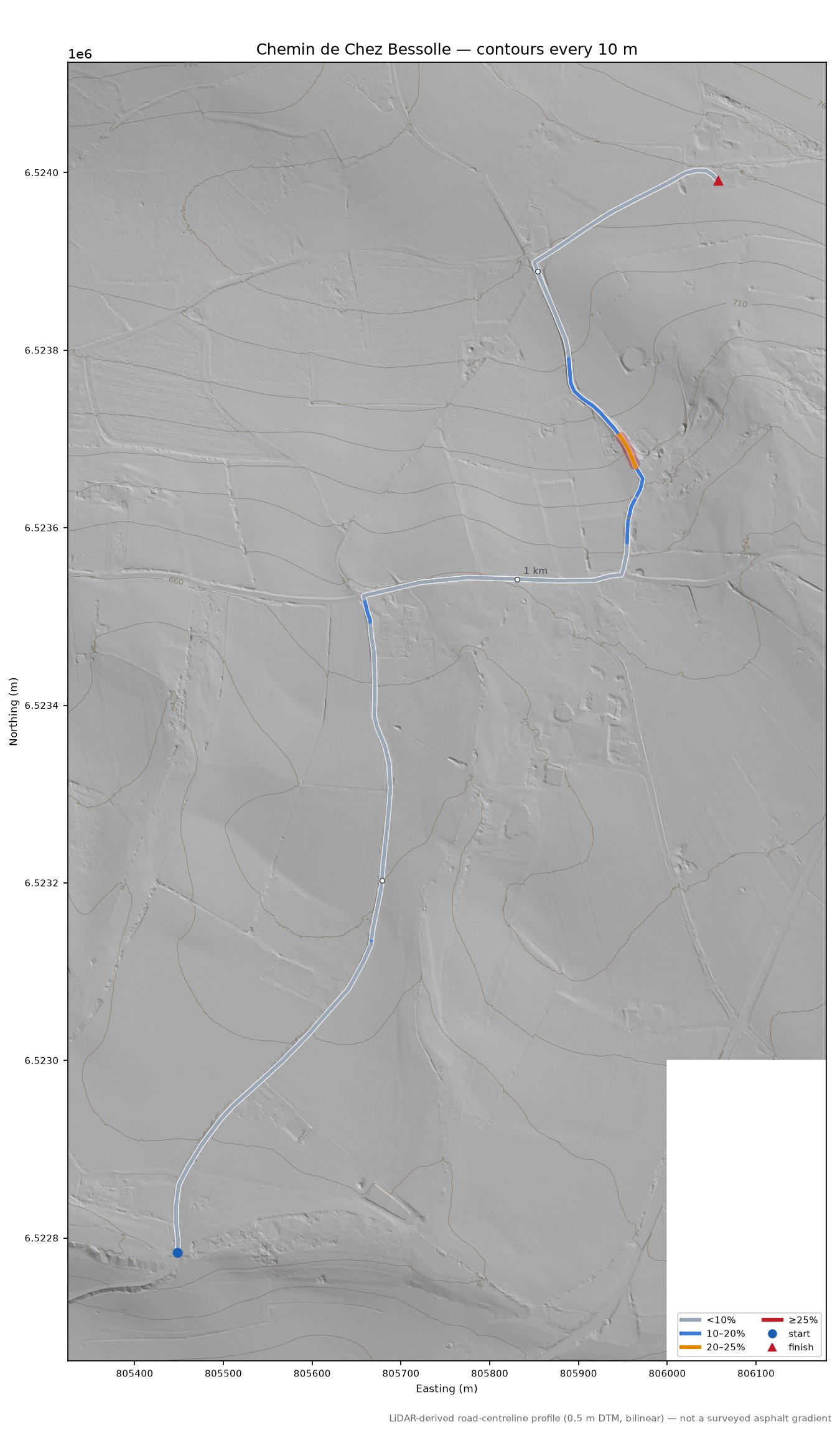 Chemin de Chez Bessolle LiDAR hillshade map with contours
