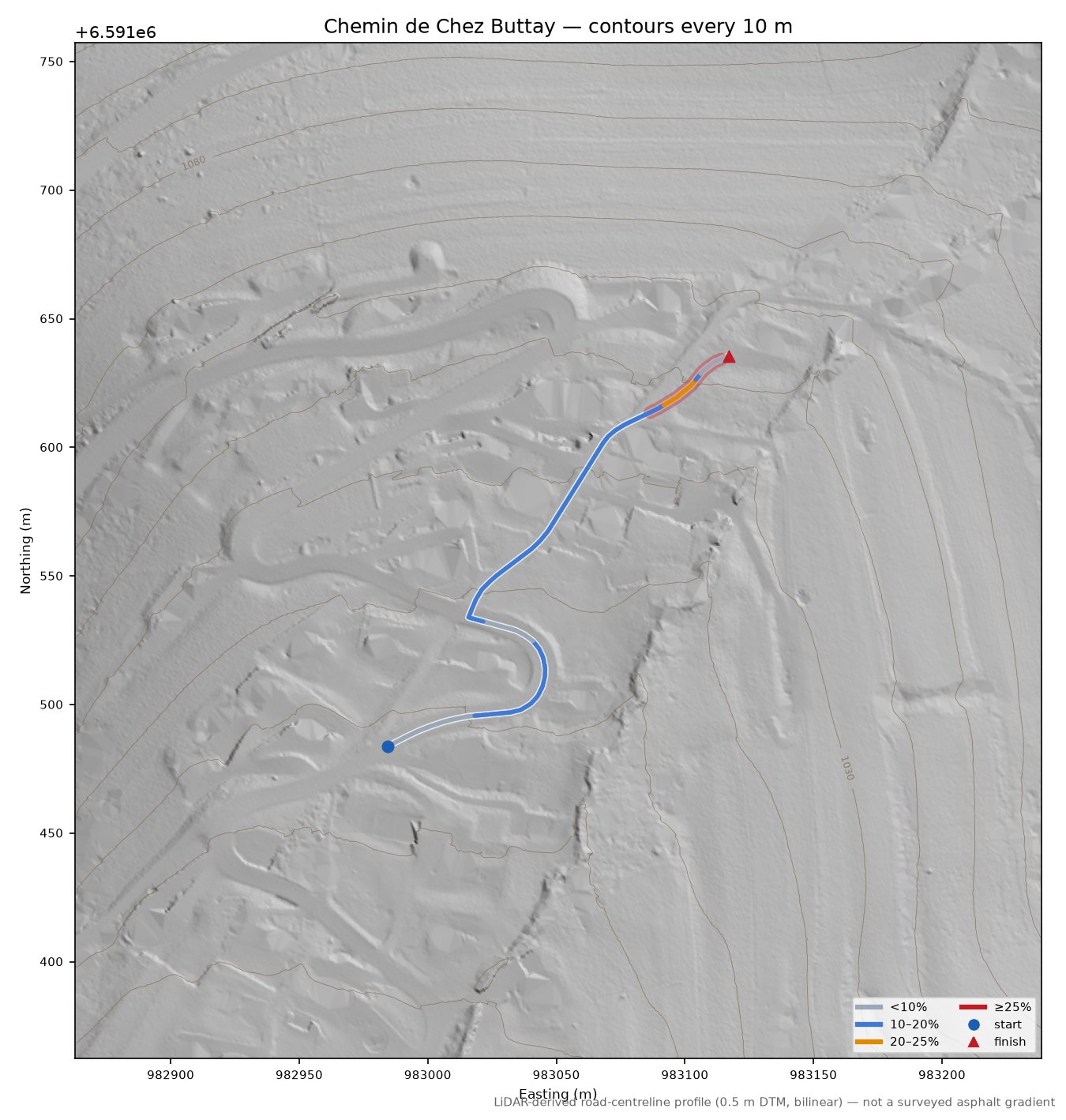 Chemin de Chez Buttay LiDAR hillshade map with contours