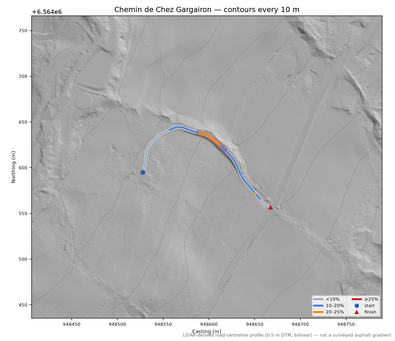Chemin de Chez Gargairon LiDAR hillshade map with contours