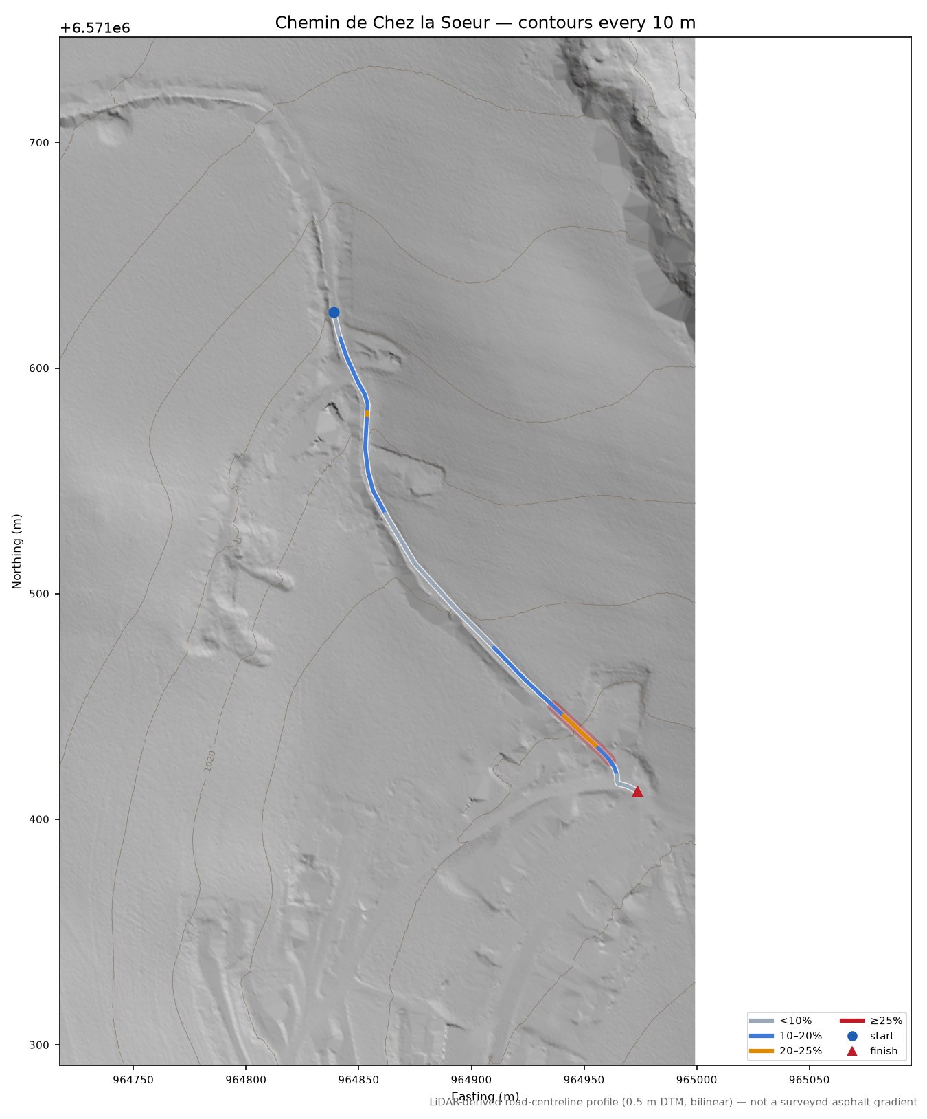 Chemin de Chez la Soeur LiDAR hillshade map with contours