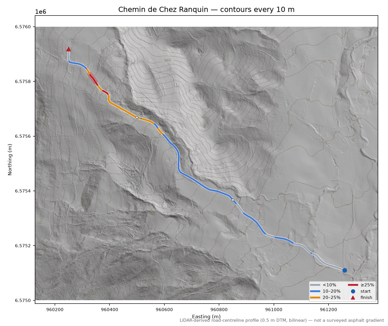 Chemin de Chez Ranquin LiDAR hillshade map with contours