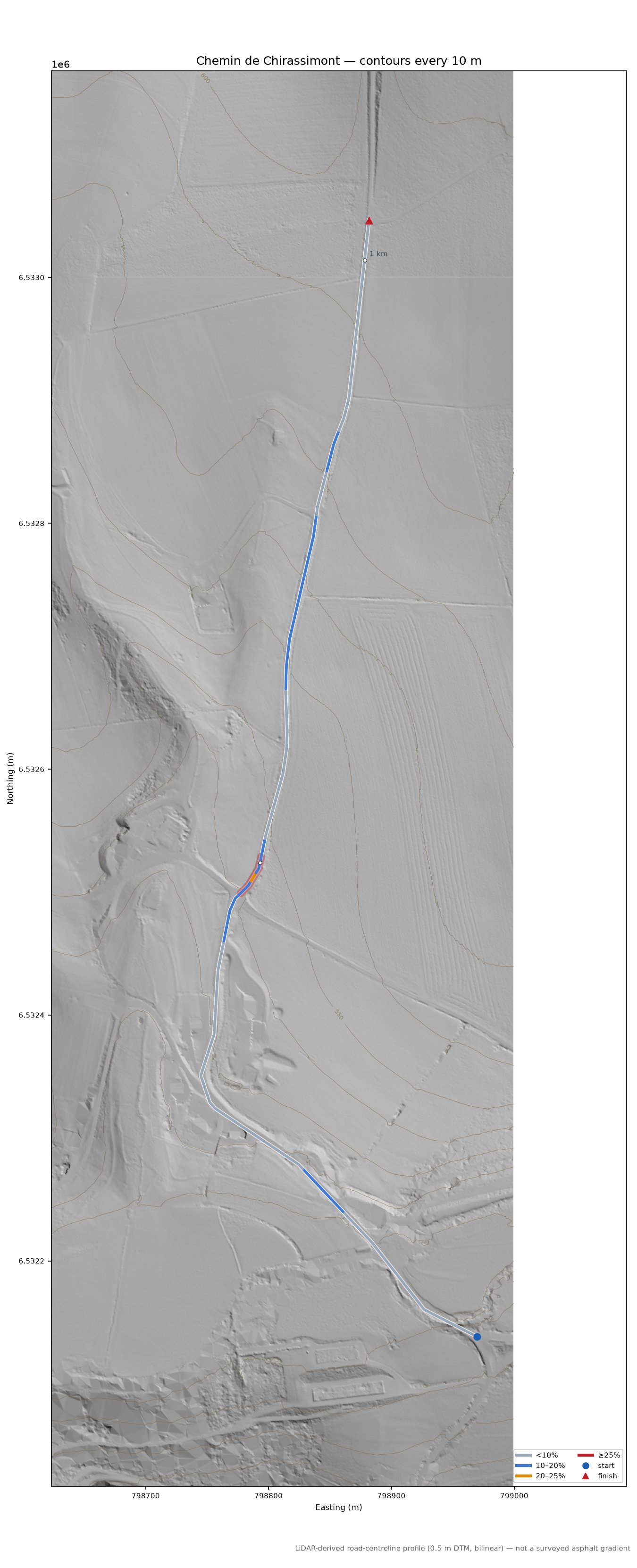 Chemin de Chirassimont LiDAR hillshade map with contours