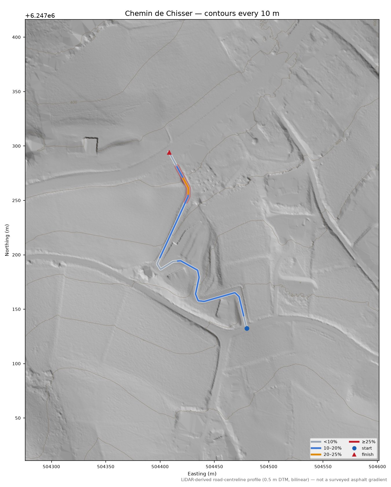 Chemin de Chisser LiDAR hillshade map with contours