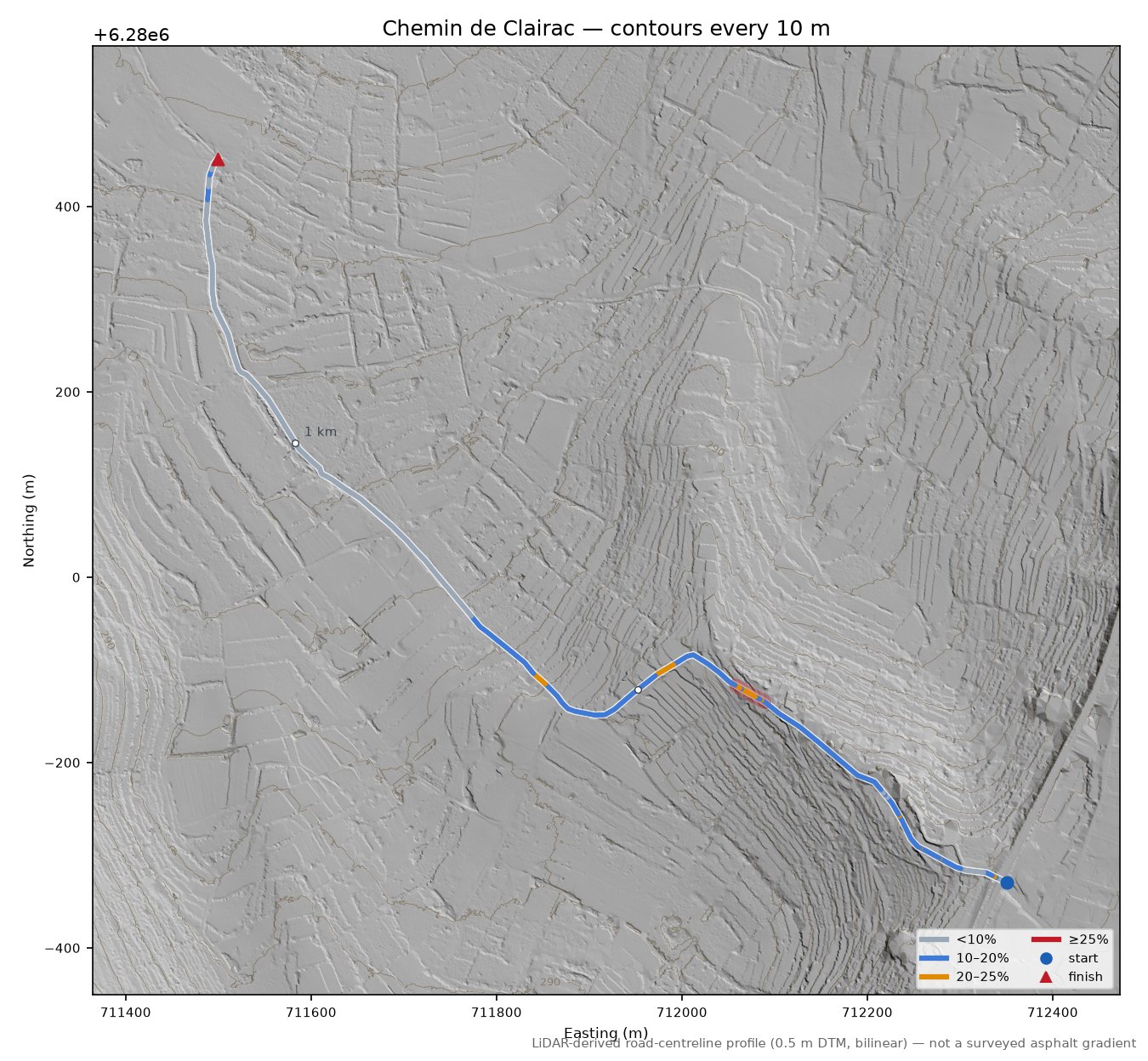 Chemin de Clairac LiDAR hillshade map with contours